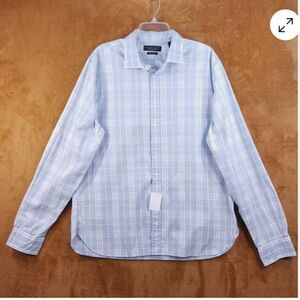 BLOOMINGDALES Mens Shirt XL Blue Plaid Button Up Business Casual Collar Stretch